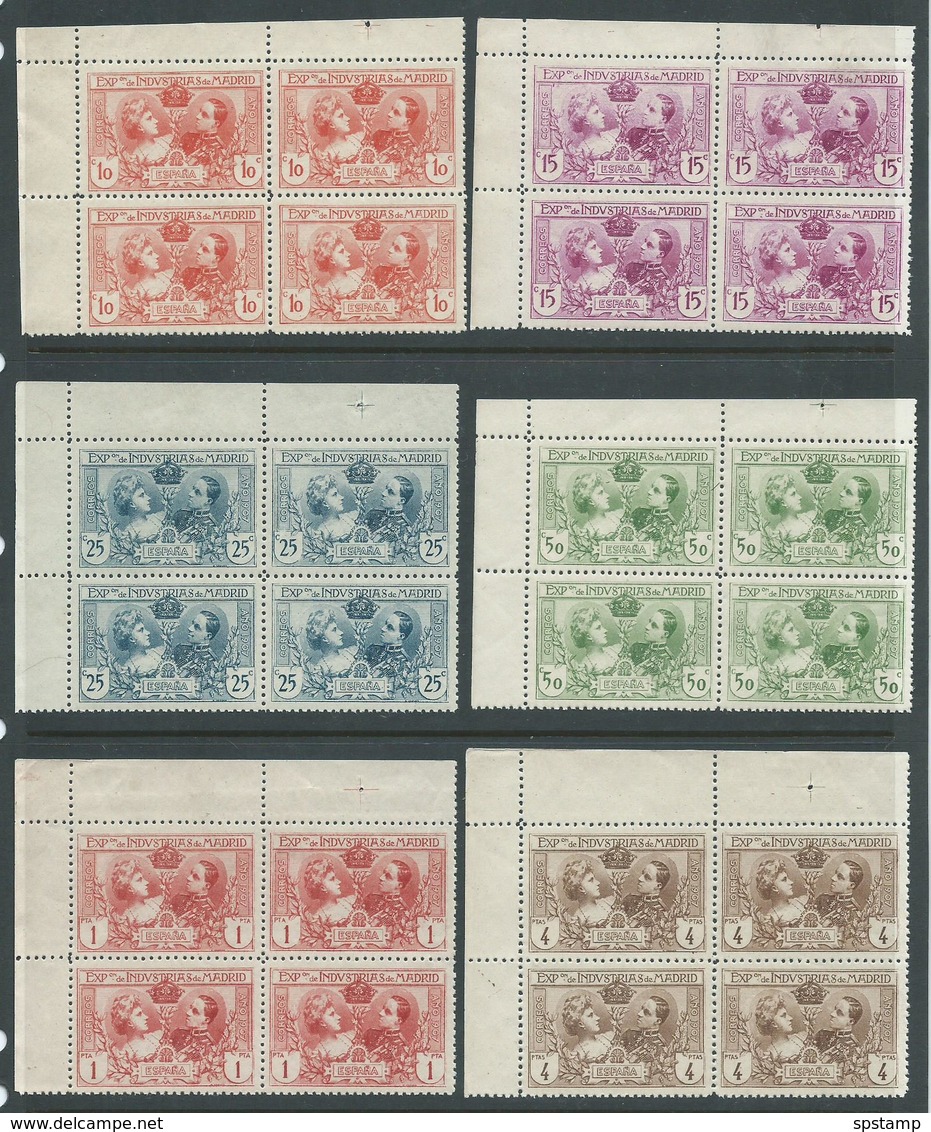 Spain 1907 Madrid Industry Exposition Set 6 Perf. 10.8 Matched Marginal Blocks Of 4 Fresh MNH - Unused Stamps
