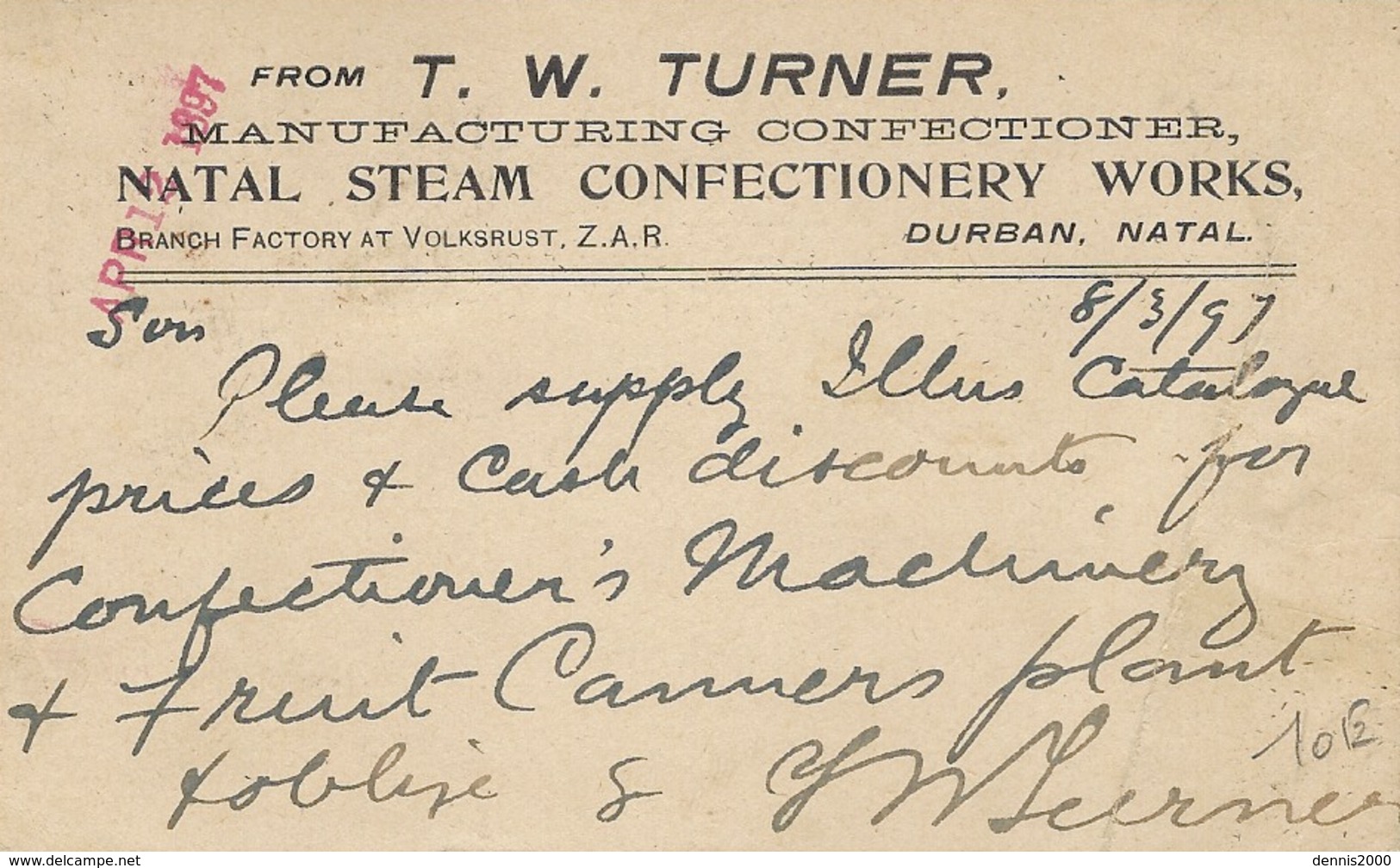 Post Card E P 1/2 Penny NATAL + Compl. 1/2 Penny  From Durban With " Repiquage " T.W.Turner - Lettres & Documents