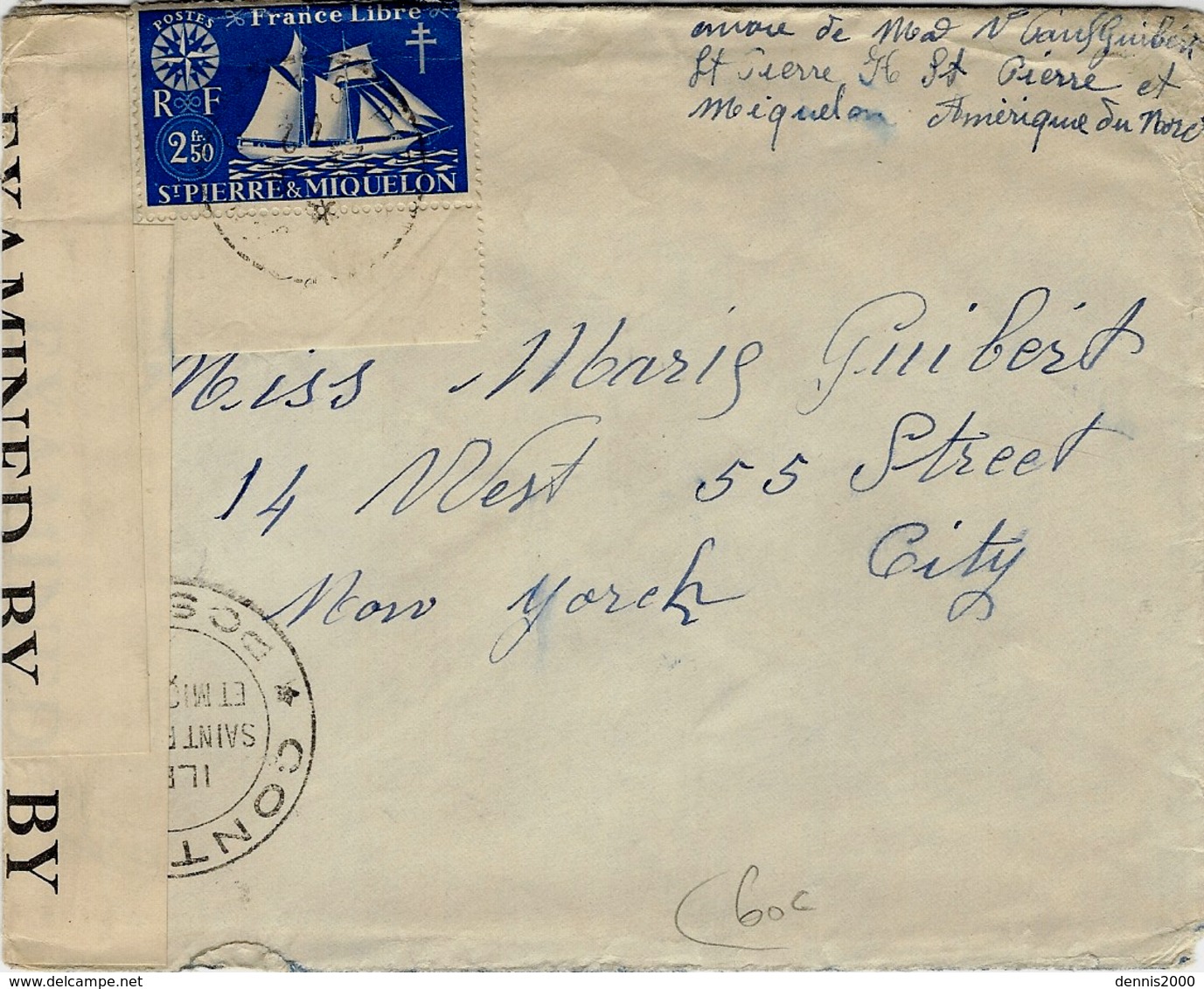 1942- Enveloppe De St Verre Et Miquelon Affr. France Libre 2,50 F Pour New York - Censure Américaine - Covers & Documents