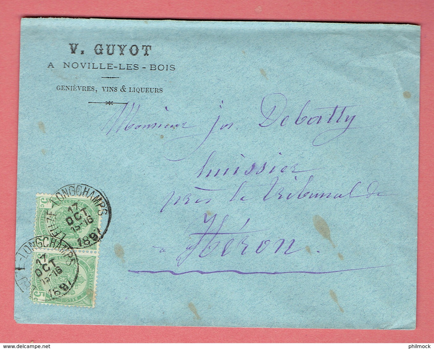 M - Lettre Commerciale A Noville-les-bois 145x110 - Oblitération Leuze-Longchamps Vers Héron Le 17-Oct-1897 Sur N°56x2 - 1893-1900 Fine Barbe