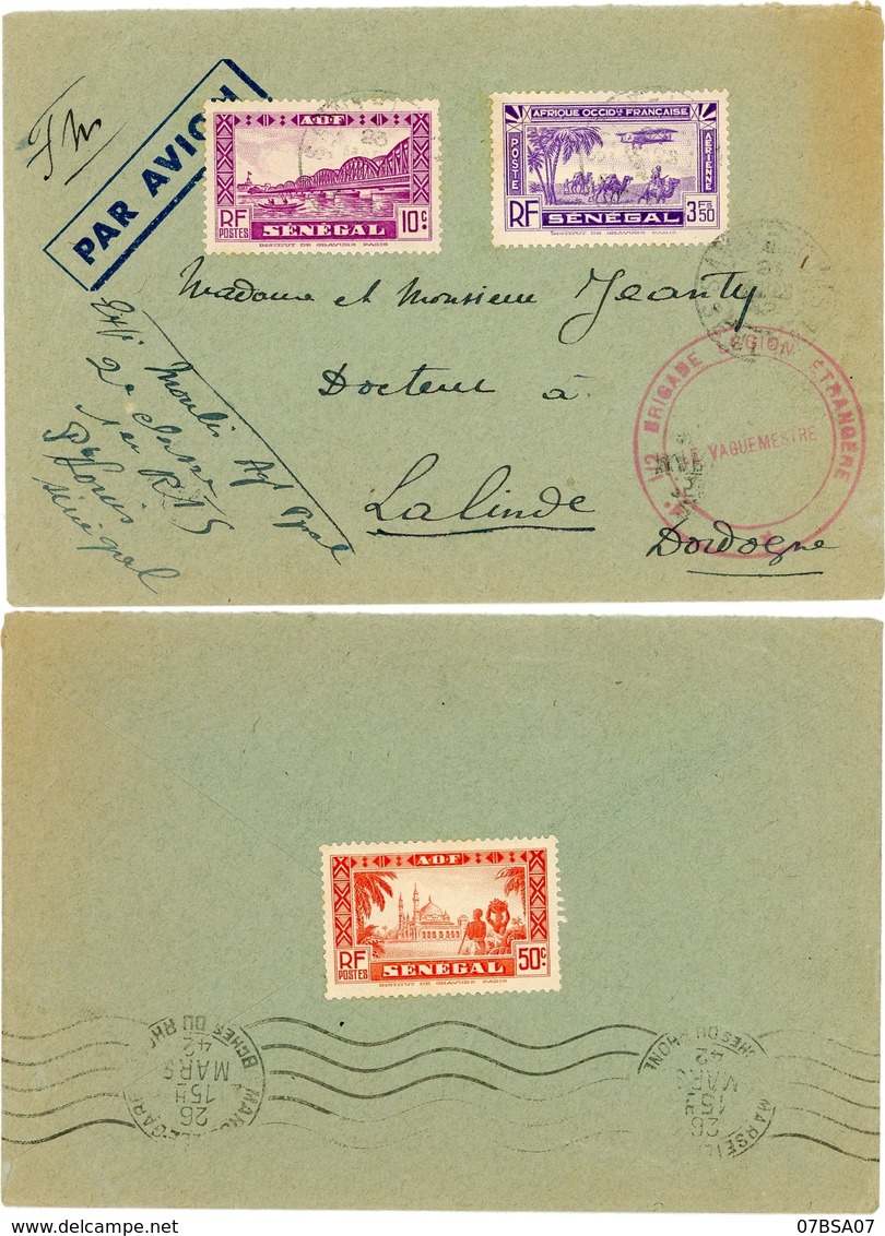 LEGION ETRANGERE SENEGAL ENV 1942 ST LOUIS FM 1/2 BRIGADE LEGION ETRANGERE SURTAXE AVION EN TIMBRES LETTRE => FRANCE - Lettres & Documents