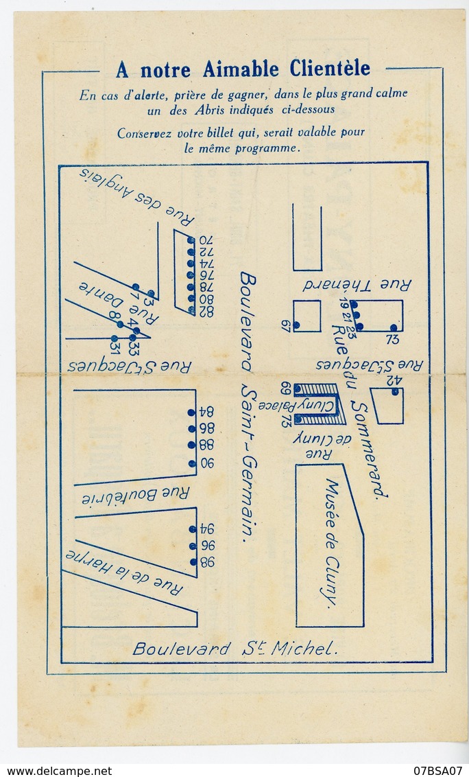 1942 CLUNY-PALACE PLAN D'EVACUATION EN CAS DE BOMBARDEMENT SUR PROGRAMME DU 29 AVRIL AU 5 MAI 1942 71 BLD ST GERMAIN - Documents Historiques