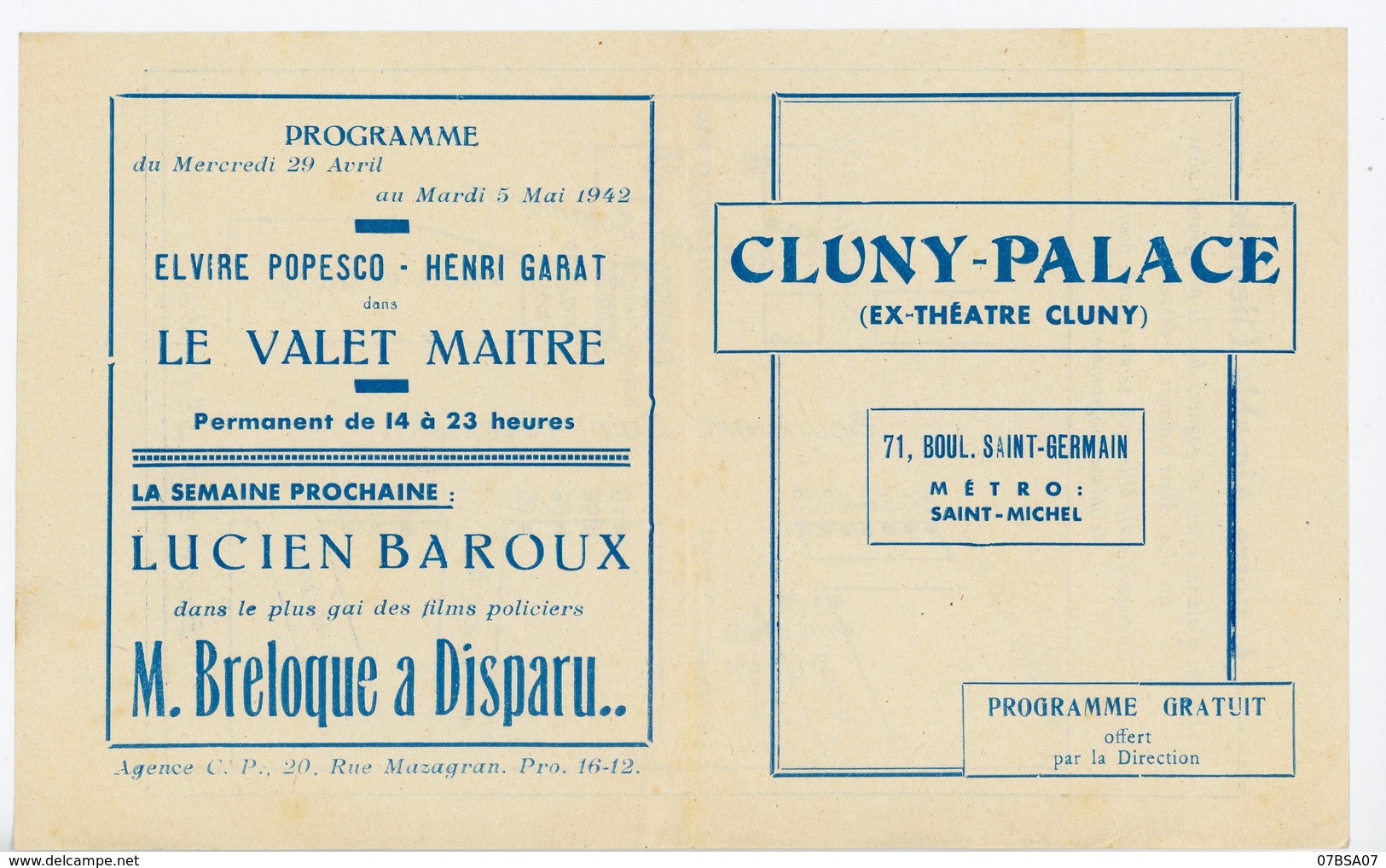 1942 CLUNY-PALACE PLAN D'EVACUATION EN CAS DE BOMBARDEMENT SUR PROGRAMME DU 29 AVRIL AU 5 MAI 1942 71 BLD ST GERMAIN - Documents Historiques