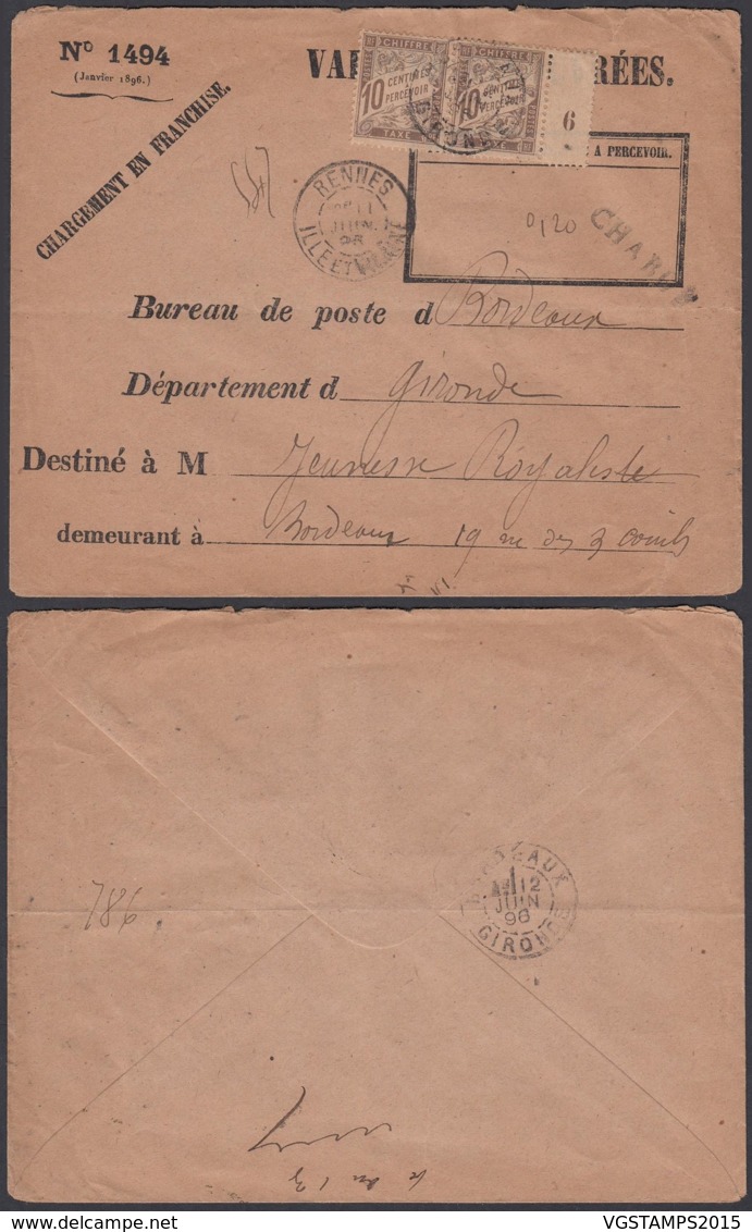 FRANCE LETTRE EN VALEUR DECLAREE DE RENNES 1896 VERS BORDEAUX TAXE Yv 29 X2 (4G31338) DC-1642 - 1960-.... Lettres & Documents