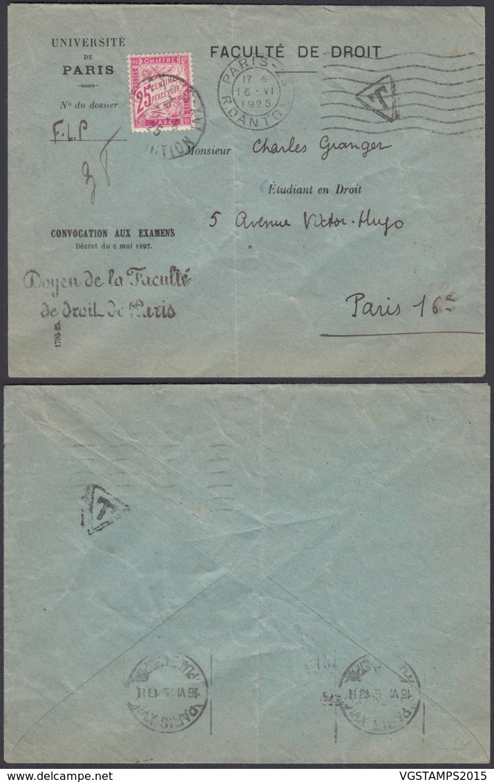 FRANCE  LETTRE 1925 TAXE YV 76 DE ET VERS PARIS (4G31338) DC-1647 - 1960-.... Covers & Documents