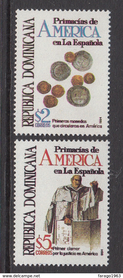 1994 Dominican Republic Dominicana American Firsts Coins Monnaie Sermon Complete Set Of 2 MNH - Dominicaine (République)