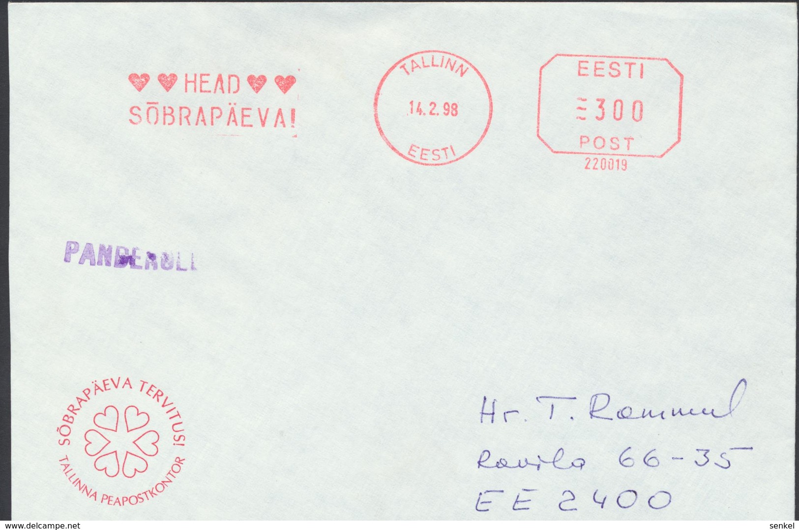 58-22 Estonia Tallinn Friends Day Cover 14.02.1998 Printed Matter From Post Arrival Postmark - Estonie