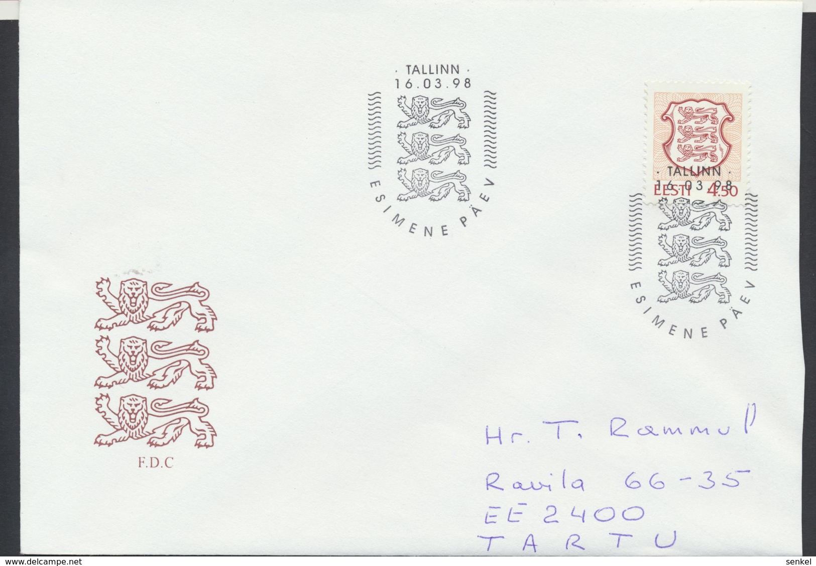 58-33 Estonia Tallinn FDC 16.03.1998 From Post Arrival Postmark - Estonia