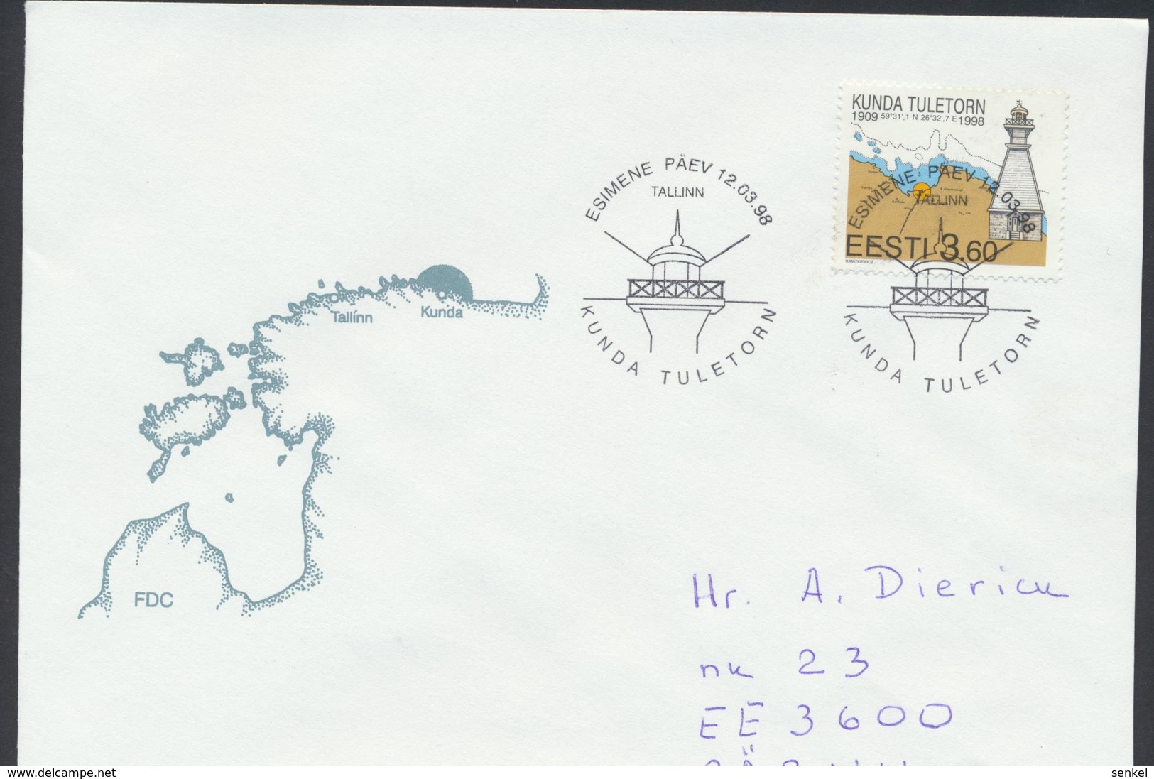 58-38 Estonia Tallinn FDC Kunda Lighthouse 12.03.1998 From Post Arrival Postmark - Estonie