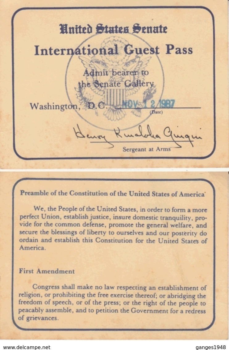 United States Senate  1987  International Guest Pass To The Senate Gallery  #  16616 D - Visiting Cards