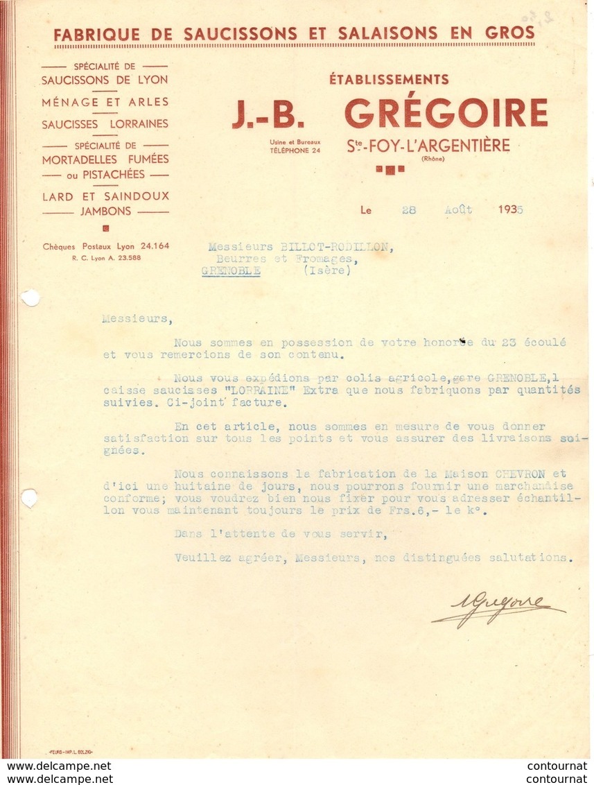 69 SAINTE FOY L' ARGENTIERE Ste COURRIER Fabrique De Saucissons Et Salaisons Ets GREGOIRE   * A3 - 1900 – 1949