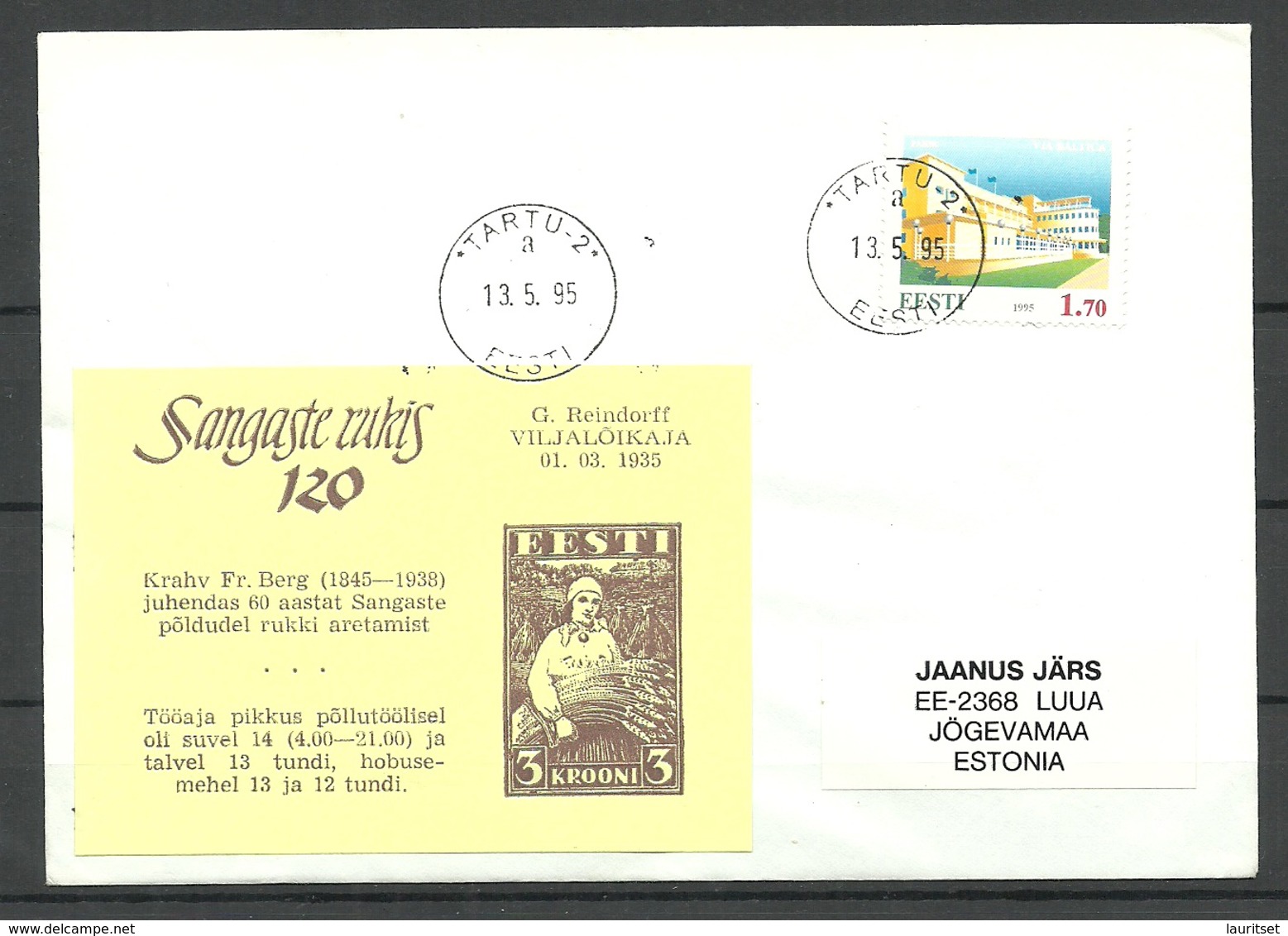 Estland Estonia 1995 Souvenir Sheet Sangaste Rukis 120. Anniversary On Cover - Estonia