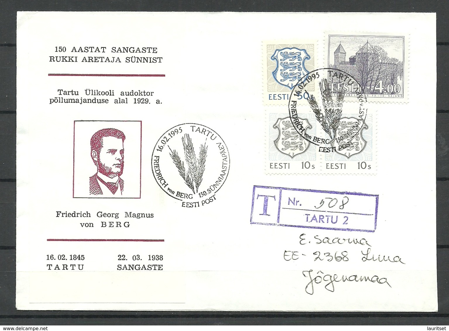 Estland Estonia 1995 Souvenir Sheet Sangaste Rukis Graf Von Berg On Cover - Estonia