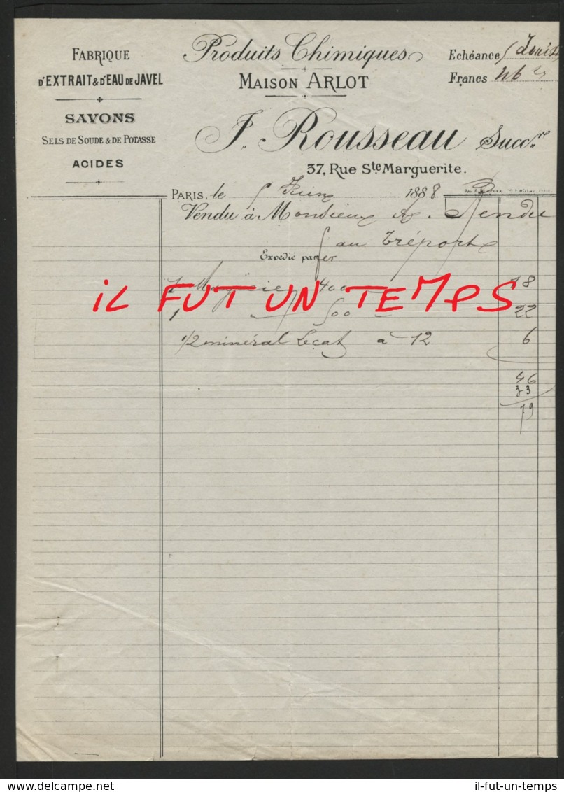 1888 / PARIS / Maison Arlot - Fabrique D'extrait D'eau De Javel - 37 , Rue Ste Marguerite - 1800 – 1899