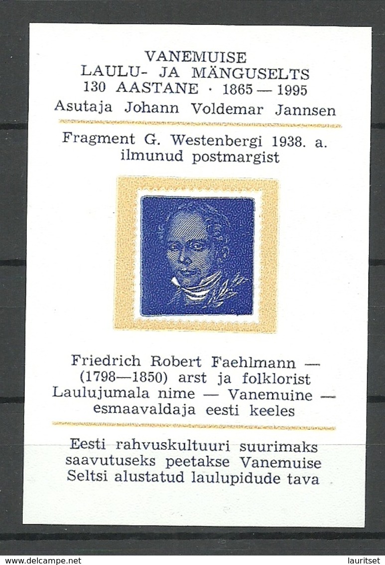 Estland Estonia 1995 Souvenir Sheet With Faehlmann 1938 Stamp Illustration 130. Anniversdary Of Vanemuise Theater MNH - Estonie