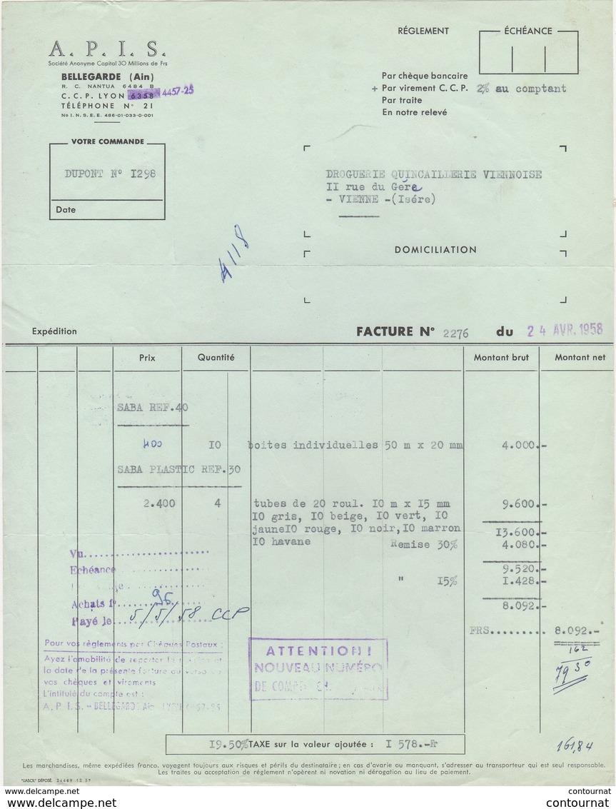 01 BELLEGARDE Sur Valserine FACTURE 1958 A.P.I.S.boîtes Tubes  - Z14 AIN - 1950 - ...