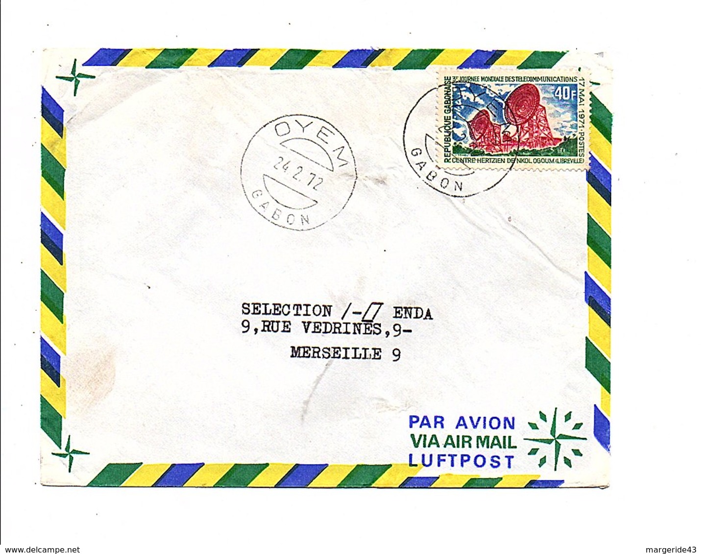 GABON LETTRE DE OYEM POUR LA FRANCE 1972 - Gabon (1960-...)