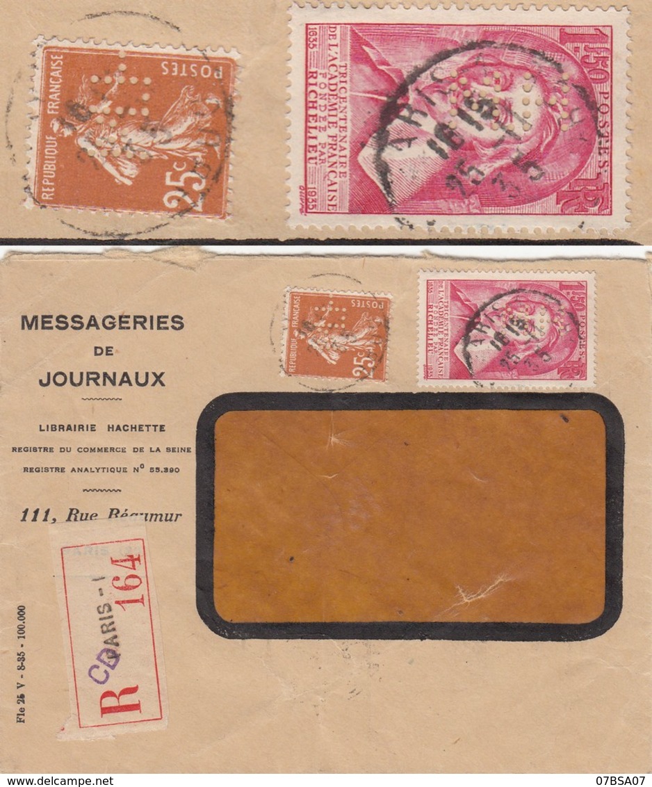 SEINE ENV 1935 PARIS ENTETE MESSAGERIE DE JOURNAUX HACHETTE LETTRE RECOMMANDEE TIMBRES PERFORES M.H. - 1921-1960: Période Moderne