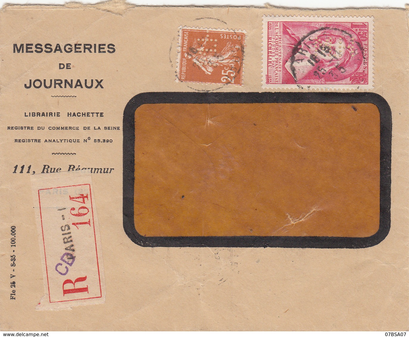 SEINE ENV 1935 PARIS ENTETE MESSAGERIE DE JOURNAUX HACHETTE LETTRE RECOMMANDEE TIMBRES PERFORES M.H. - 1921-1960: Période Moderne