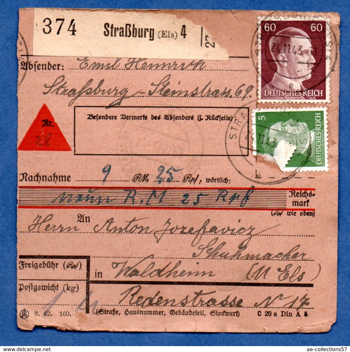 Colis Postal  -  Départ Strasbourg 4  - Pour Waldheim   --  24/11/1943 - Cartas & Documentos