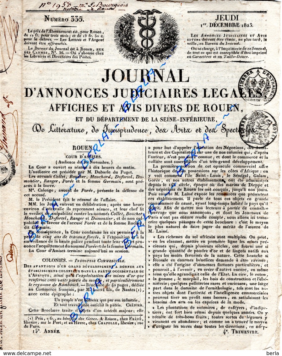 JOURNAL Annonces JUDICIAIRES LEGALES De Rouen 1825 (Affiches Et Avis Divers) - Décrets & Lois