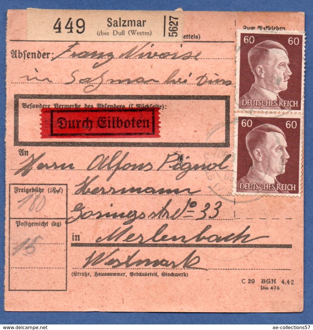 Colis Postal  -  Départ Salzmar ( Marsal ) --  10/3/1943 - Covers & Documents