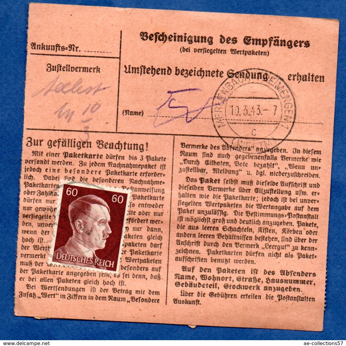 Colis Postal  -  Départ Salzmar ( Marsal ) --  10/3/1943 - Covers & Documents