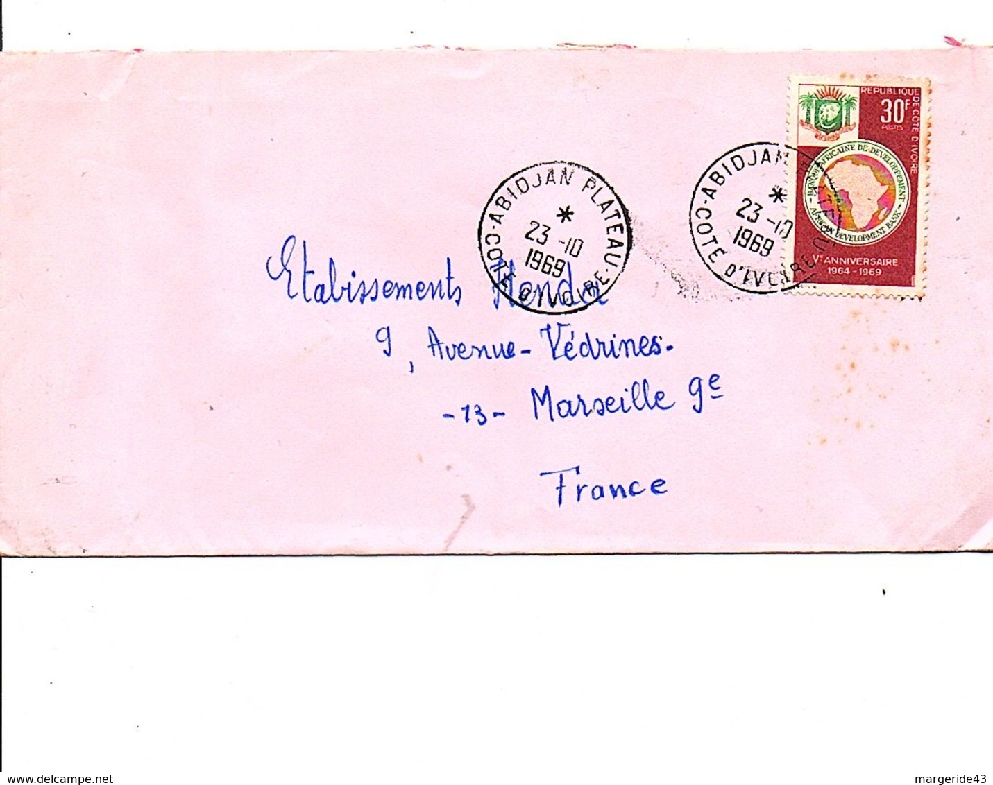 COTE D'IVOIRE LETTRE DE ABIDJAN PLATEAU POUR LA FRANCE 1969 - Côte D'Ivoire (1960-...)