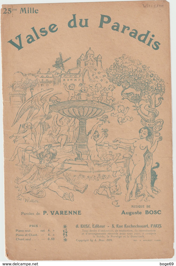 (GEO1)VALSE DU PARADIS ,GERMAINE LIX  ,  Musique AUGUSTE BOSC , Paroles P VARENNE  Illustration WILLETTE - Partitions Musicales Anciennes