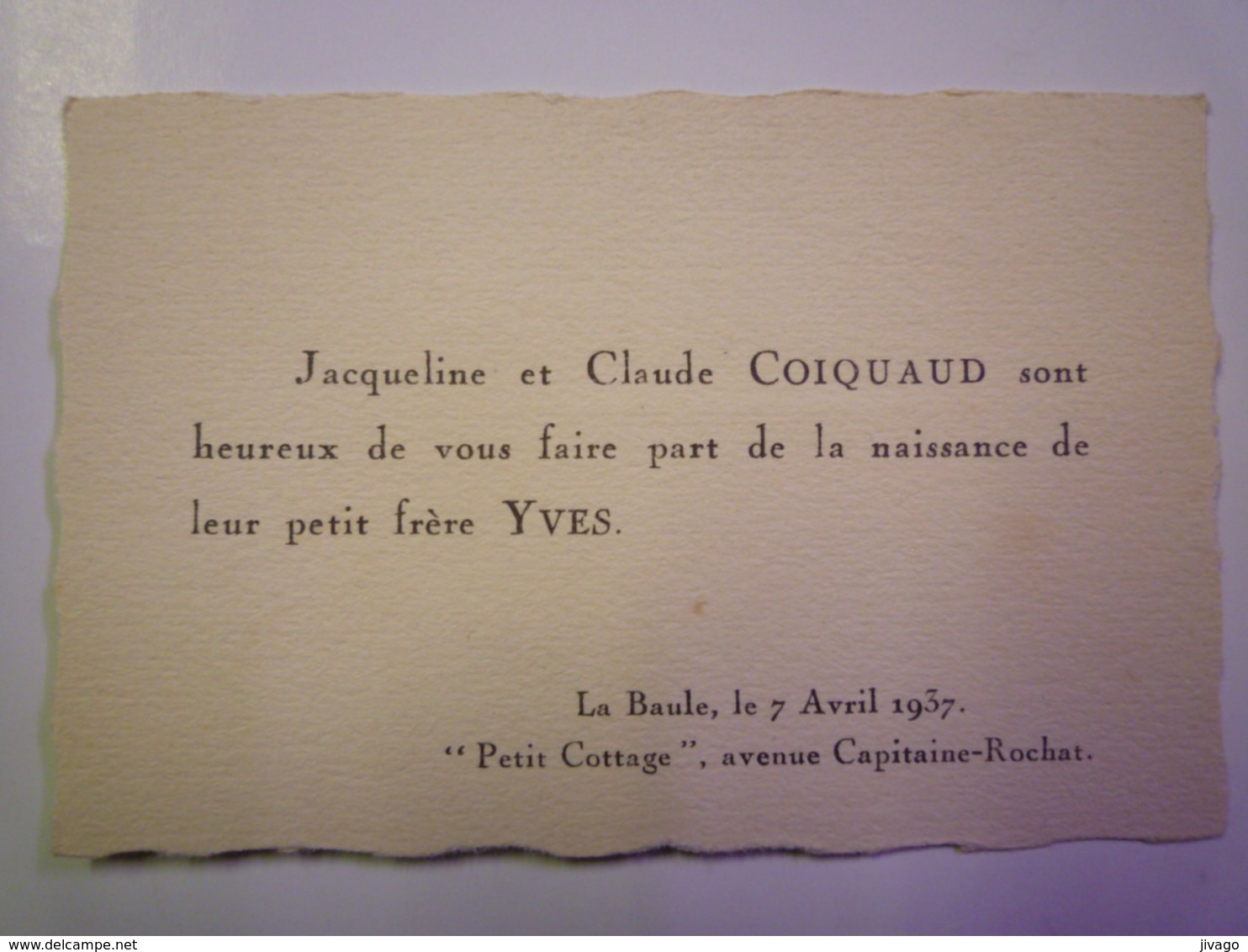 2019 (2)  FAIRE-PART De NAISSANCE De  Yves  COIQUAUD  (La Baule Le 7 Avril 1937  "Petit Cottage")   - Geboorte & Doop