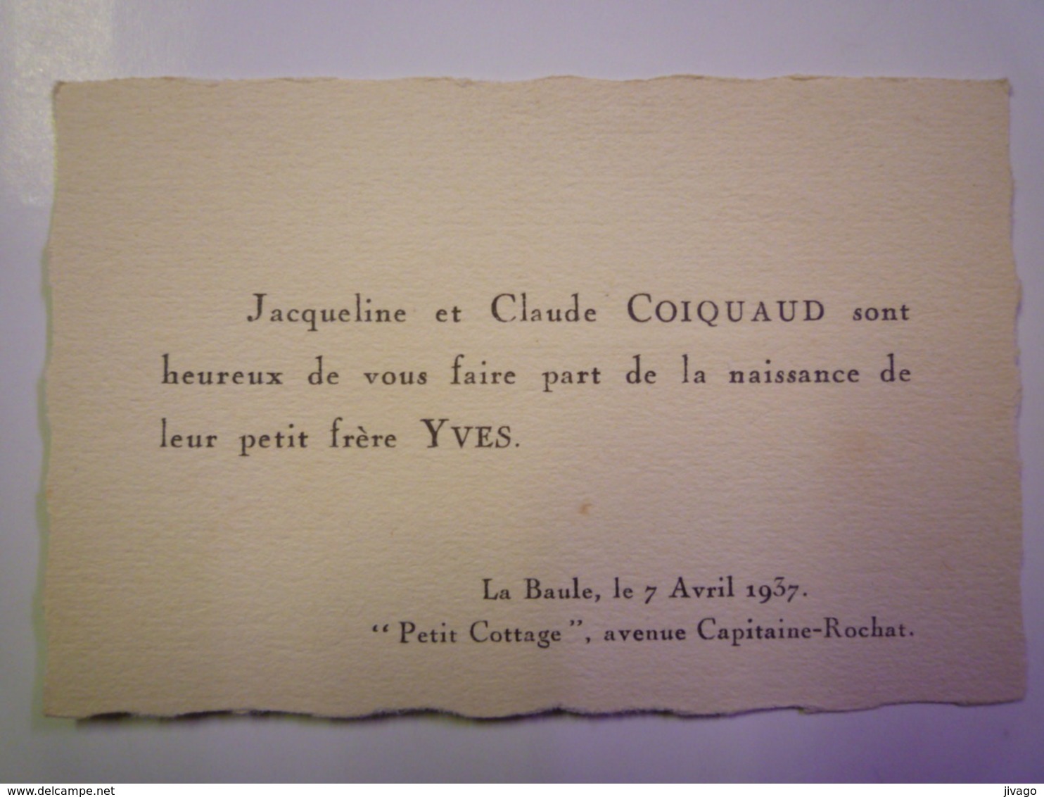 2019 (2)  FAIRE-PART De NAISSANCE De  Yves  COIQUAUD  (La Baule Le 7 Avril 1937  "Petit Cottage")   - Nacimiento & Bautizo