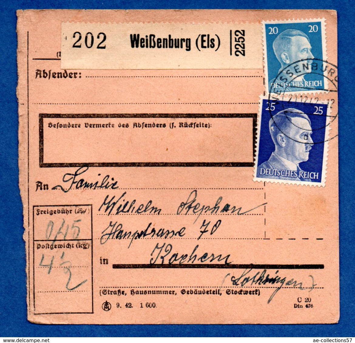 Colis Postal  -  Départ Weissenburg -  21/12/1942  - Pour Cocheren  - - Lettres & Documents