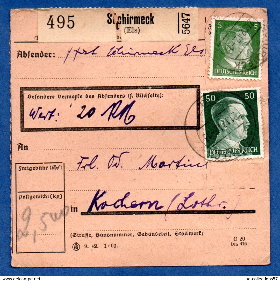 Colis Postal  -  Départ Schirmeck -  21/12/1942  - Pour Cocheren  -  Abimé - Lettres & Documents