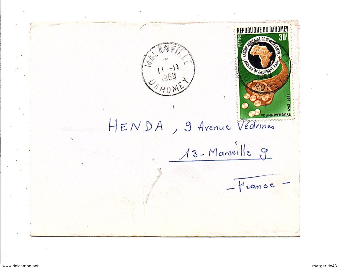 DAHOMEY LETTRE DE MALANVILLE POUR LA FRANCE 1969 - Benin – Dahomey (1960-...)