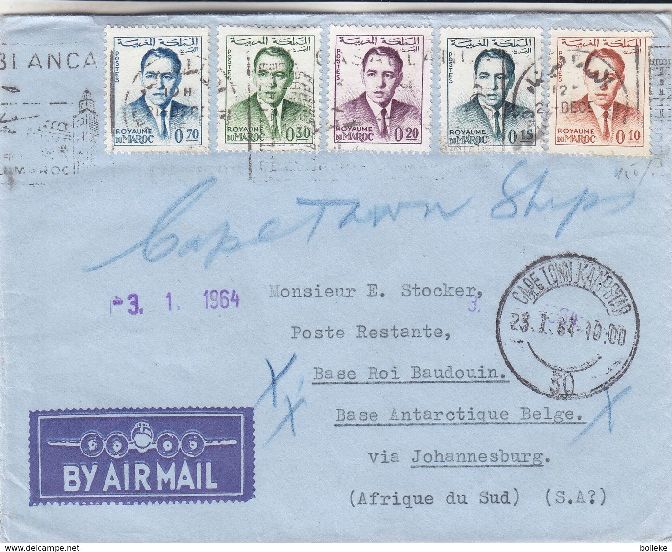 Vol Polaire - Maroc - Lettre De 1964 - Oblit Casablanca - Exp Vers Base Antarctique Roi Baudouin Via Johannesburg - Polar Flights