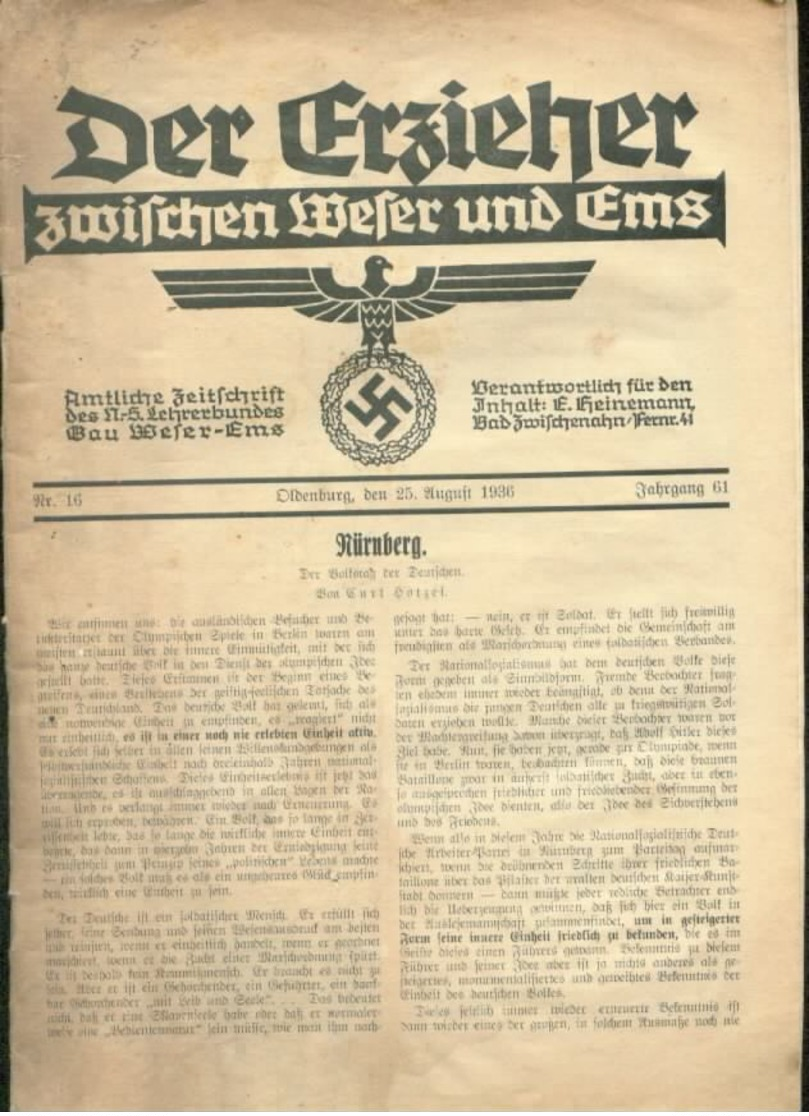 WW II Zeitschrift Lehrerbund: Der Erzieher Zwischen Weser Und Ems , Oldenburg 25.8.1936 , 24 Seiten. Altersmängel. - Politik & Zeitgeschichte