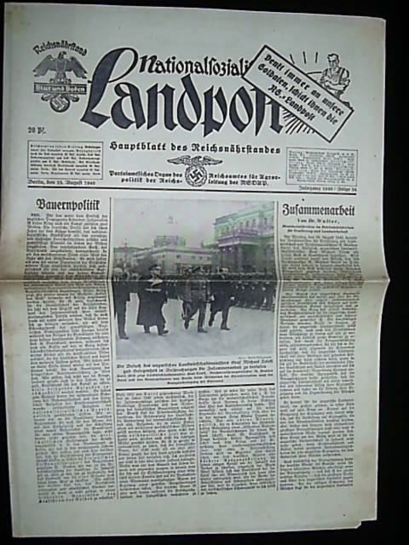 WW II Zeitung 23. August 1940 : Reichsnährstand Landpost , Berlin ,  8 Seiten , 10 Militär Abbildungen. - Politik & Zeitgeschichte