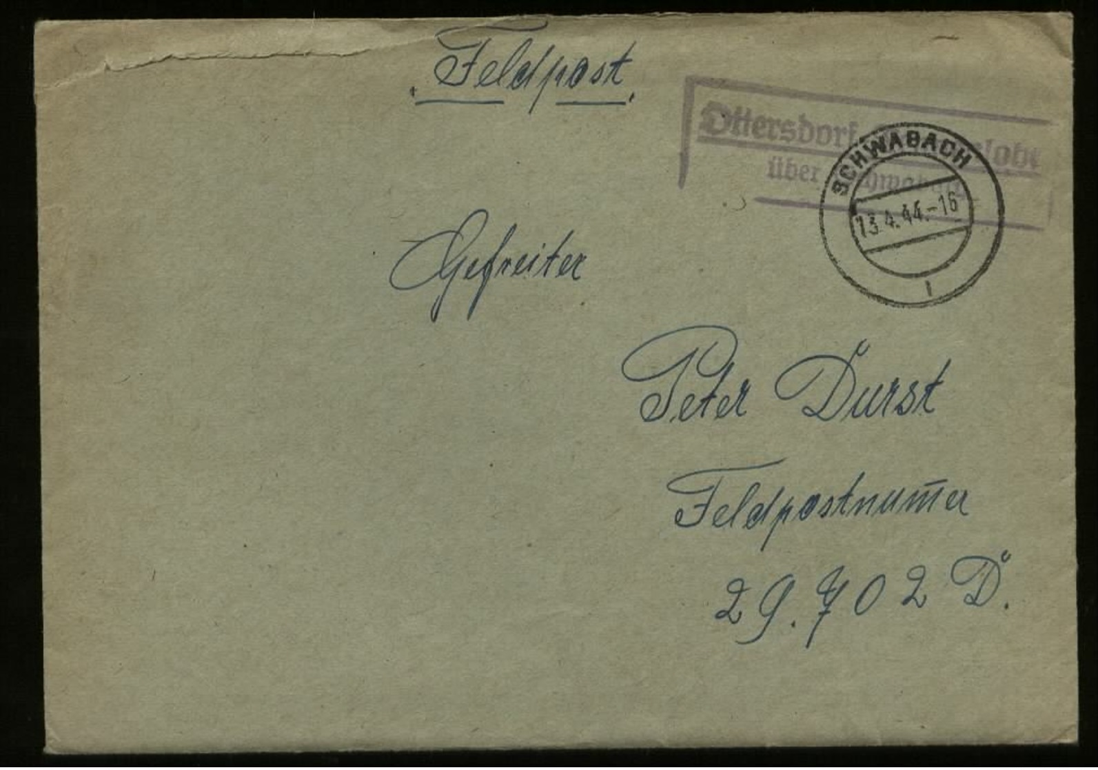 3. Reich - DR Landpost Stempel Auf Feldpost Briefumschlag: Gebraucht Ottersdorf Femmenlohe über Schwabach - FP. Nr. 29 - Briefe U. Dokumente