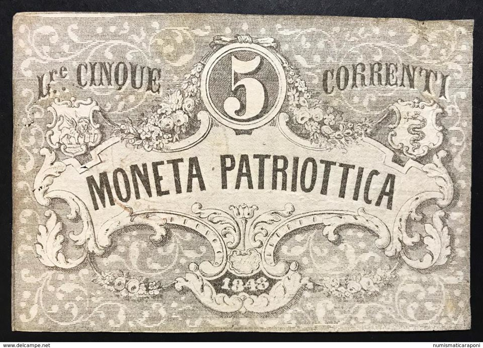 Venezia 5 Lire Moneta Patriottica 1848 Firma Barzilai  LOTTO 2179 - [ 4] Provisional Issues