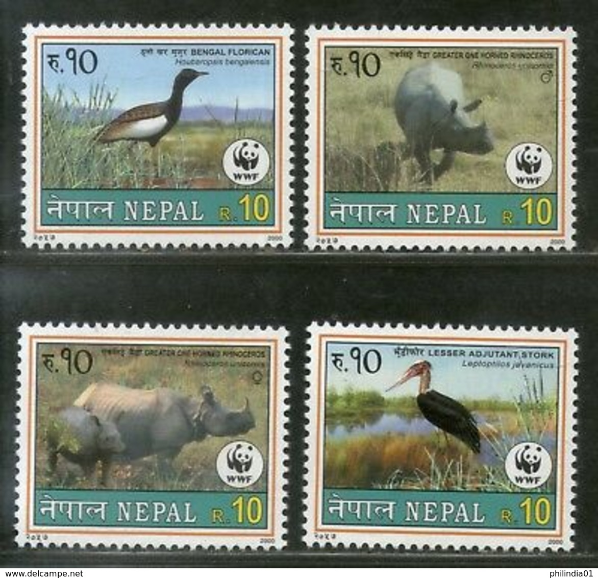 Nepal 2000 WWF Florican Horn Rhinoceros Bird Wildlife Animals Sc 682-5 MNH 12826 - Népal