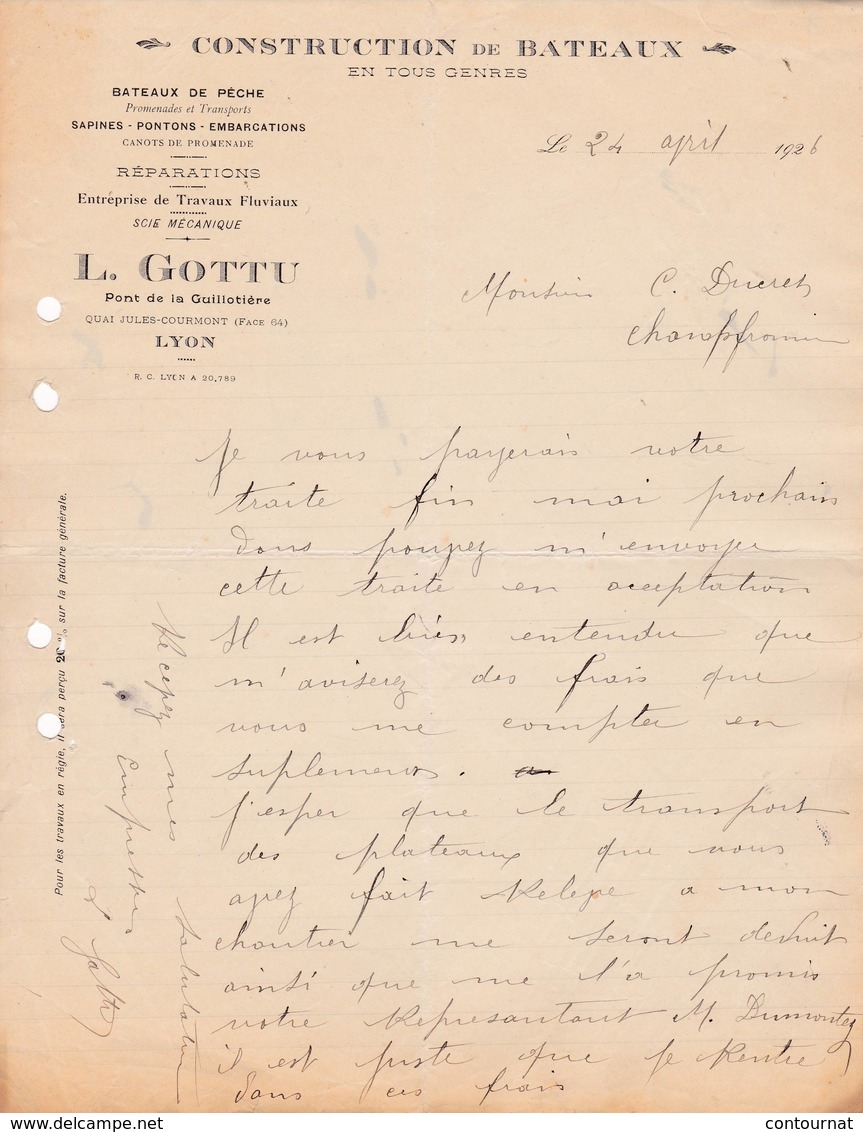 69 LYON Pont De La Guillotère COURRIER 1926 Construction De Bateaux  De Pêche L. GOTTU   X5 - 1900 – 1949