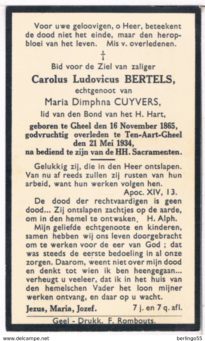 Dp. Bertels Carolus. Echtg. Cuyvers Maria. ° Gheel 1865 † Ten-Aert-Gheel 1934 - Religion & Esotérisme