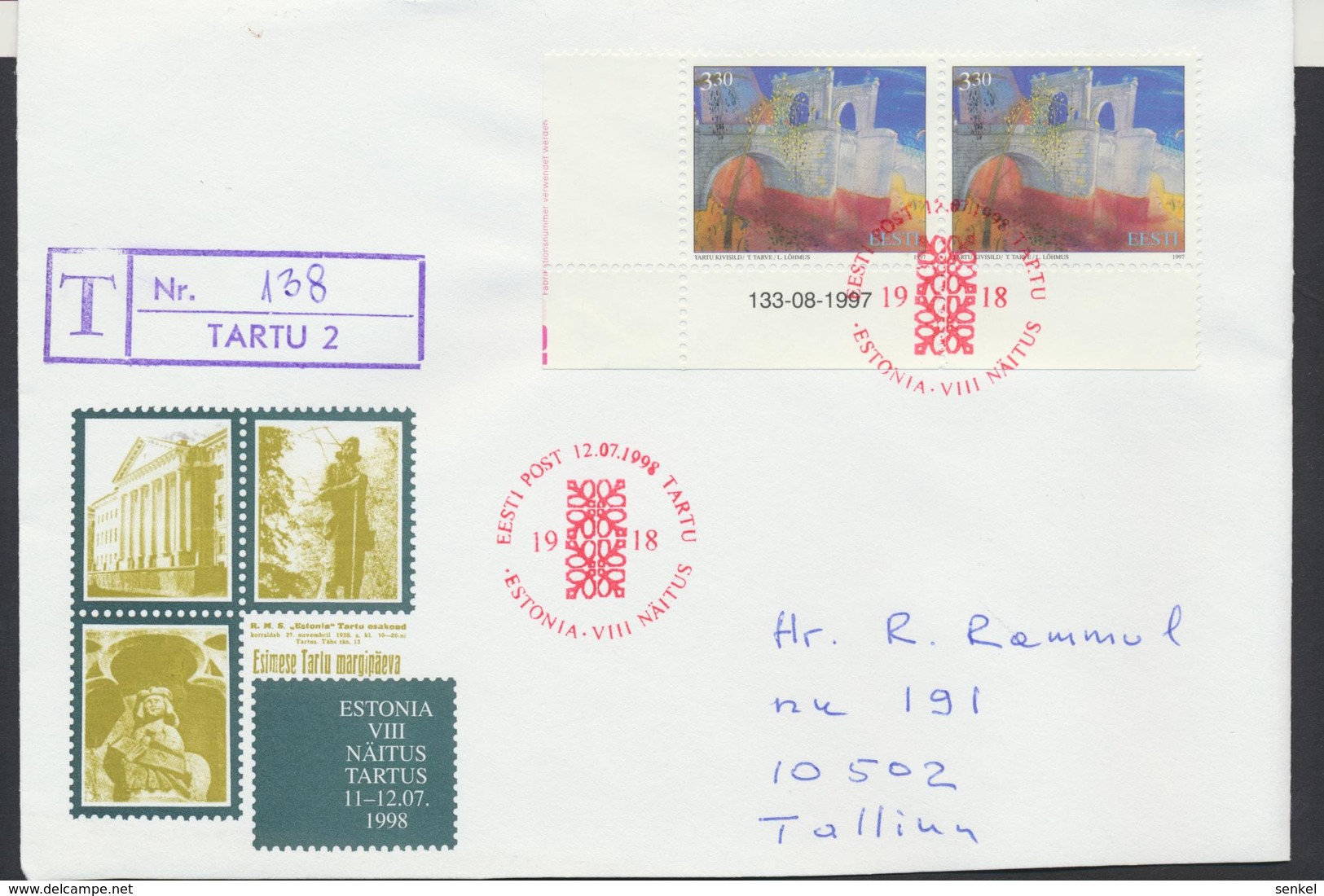 58-95 Estonia Tartu  Philatelic Exhibition 12.07.1998 Recommande From Post Arrival Postmark - Estonie