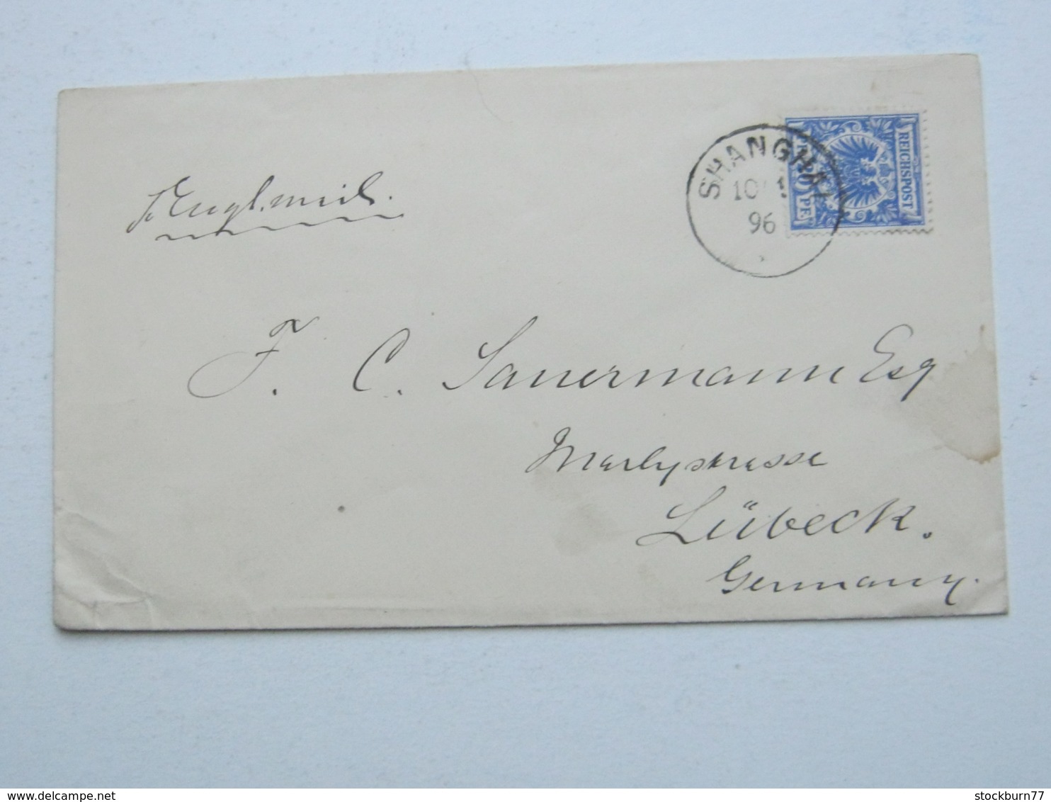 1896 , SHANGHAI , Klarer Stempel Auf 20 Pfg. Adler , Brief Nach Lübeck - Deutsche Post In China