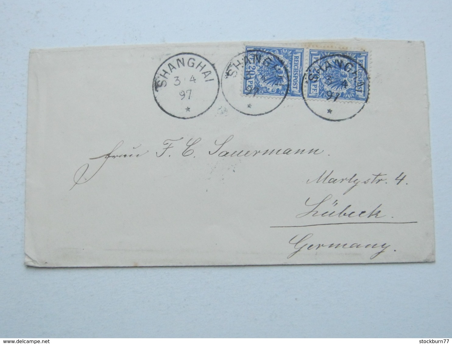 1897 , SHANGHAI , Klarer Stempel Auf 2 Mal 20 Pfg. Adler , Brief Nach Lübeck - Deutsche Post In China