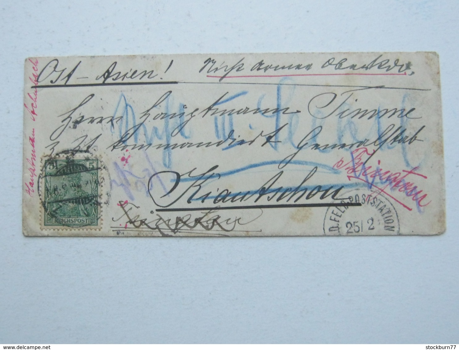 1901 , Brief Aus  Mainz Nach Kiautschou , Dort Mit Zahlreichen Durchgangsstempeln , Verschlussvignette Von Darmstadt - Deutsche Post In China