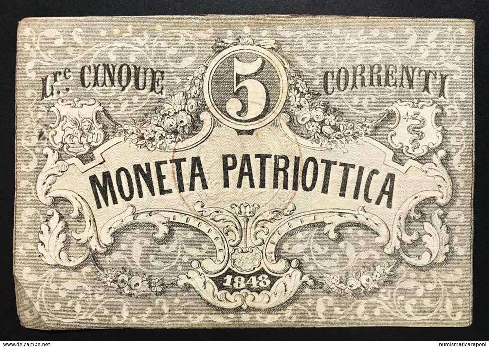 Venezia 5 Lire Moneta Patriottica 1848 Firma Barzilai  Forellino LOTTO 2032 - [ 4] Vorläufige Ausgaben