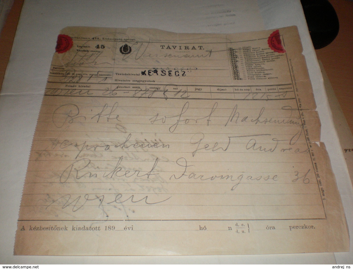 Telegram Tavirat  Versecz 1898 - Télégraphes
