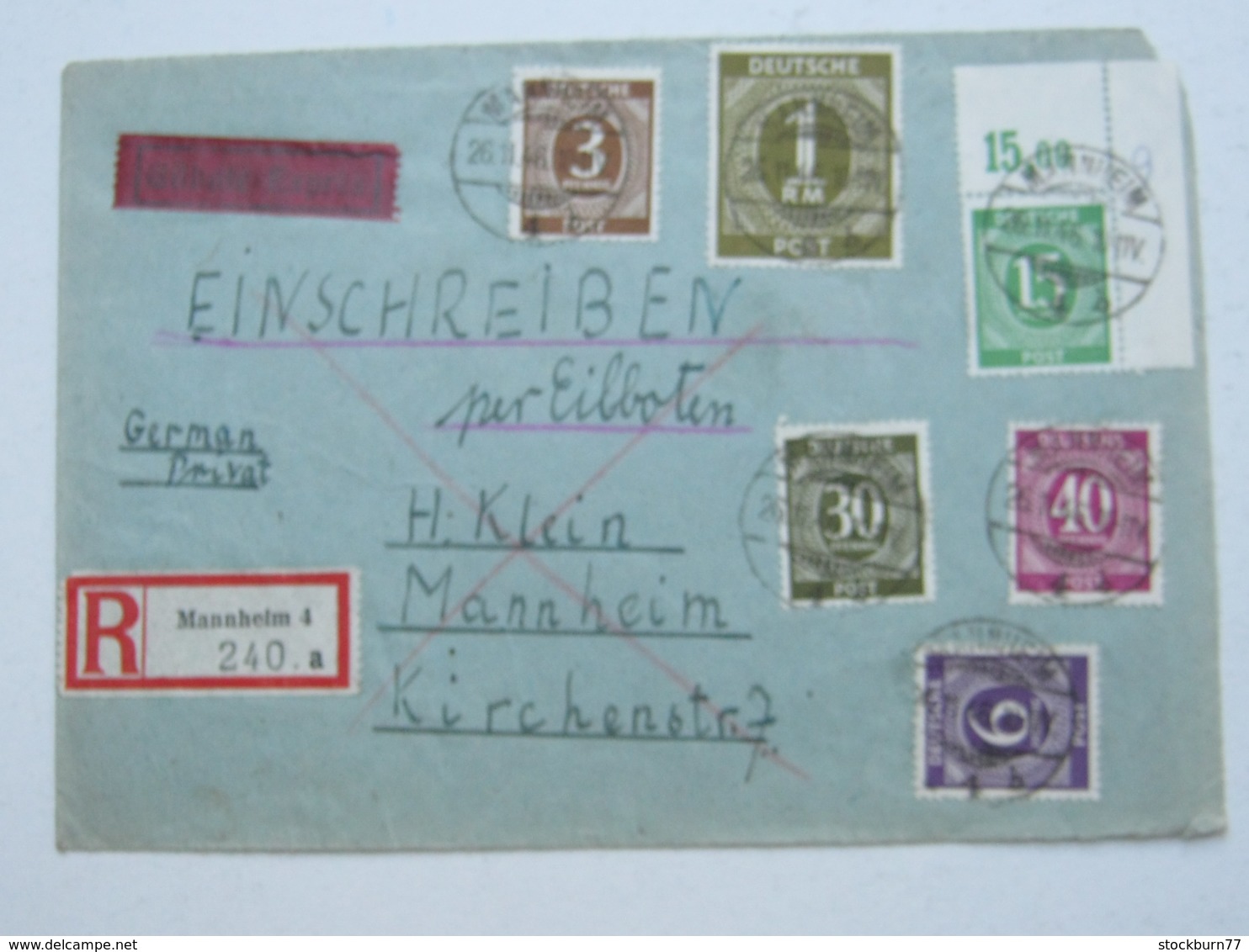 1946 , 15 Pfg. Ziffer , Eckrandstück Auf Einschreiben - Eilbrief (Vorderseite)  Aus Mannheim , Ortspost - Sonstige & Ohne Zuordnung