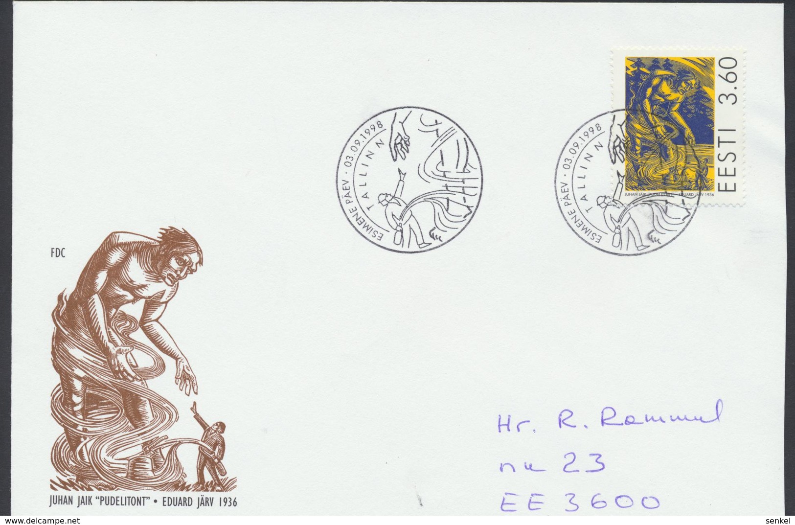 58-114 Estonia Writer Jaik Birthday FDC 03.09.1998 Mi 332 From Post Arrival Postmark - Estonie